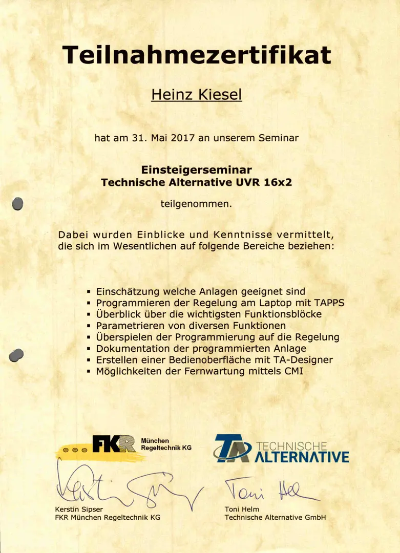 Zertifikat 14 von Heinz Kiesel und Söhne